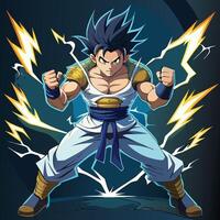Powerful Anime Fighter Charging Energy with Electrifying Aura in Dynamic Pose vector