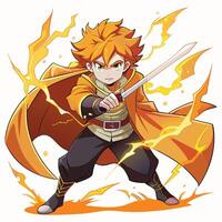 Dynamic Anime Warrior with Flaming Sword and Lightning Power Vibrant Action Pose Illustration vector