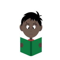 Portrait of serious dark-skinned boy with book isolated on white, flat style, avatar vector