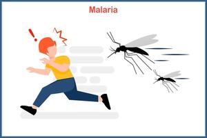 young man is running away from the Anopheles mosquito that is a carrier that transmits malaria to humans. vector