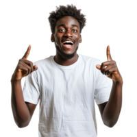 A man with a beard and a white shirt is pointing at something. He is smiling and he is happy png