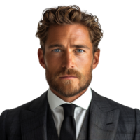 A man with a beard and a tie is wearing a suit isolated on a transparent background png