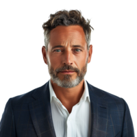 A man with a beard and a mustache is wearing a blue suit and white shirt. He has a serious expression on his face png
