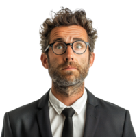 A man with glasses and a beard is wearing a suit and tie. He looks surprised and is staring at the camera png