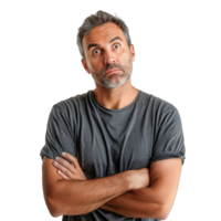 A man with a beard and gray hair is standing with his arms crossed and looking at the camera. He is deep in thought or contemplating something png