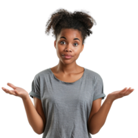 A woman with dark hair and a gray shirt is looking at the camera with a confused expression. She is holding her hands up in a questioning manner, as if she is unsure of something png