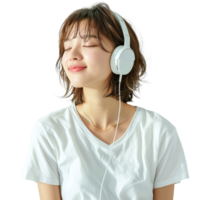 A woman wearing headphones is smiling and appears to be enjoying her music. Concept of relaxation and contentment png