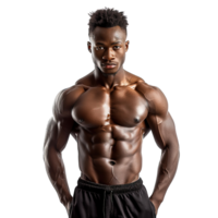 A man with a muscular body poses for a photo. Concept of strength and confidence, as the man's well-defined muscles are emphasized. The white background adds a sense of contrast png