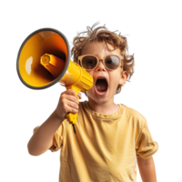 A young boy is holding a megaphone and making a loud noise. Concept of excitement and energy, as the child is likely participating in a fun activity or event png