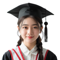 A woman wearing a black graduation cap and gown. She is smiling and looking at the camera. Concept of accomplishment and pride, as the woman is likely graduating from a significant event png