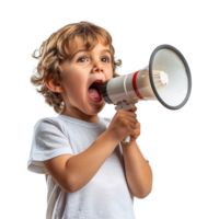 A young boy is holding a microphone and making a loud noise. Concept of excitement and enthusiasm, as if the boy is performing or participating in a fun activity png