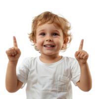 A young child is smiling and pointing at the camera with both hands raised. The child is wearing a white shirt and he is happy and excited png