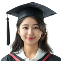 A woman wearing a black graduation cap and gown. She is smiling and looking at the camera. Concept of accomplishment and pride, as the woman is likely graduating from a significant event png