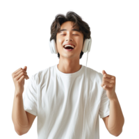 A young man is wearing headphones and smiling while he listens to music. He is enjoying the music and is in a happy mood png