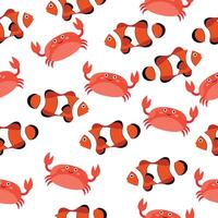 Pattern with red fishes and crabs in cartoon style vector