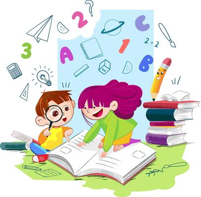 School kids reading books with the smiling pen and letters and letters