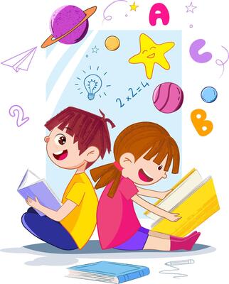 Boy and a girl reading science books with letters, numbers and planets