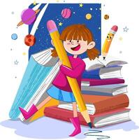Smiling school girl holding a pen studying science with the smiling pen vector
