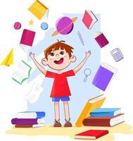 Smiling school kid reading science books vector