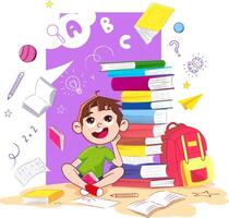 Smiling school kid with books, letters and numbers vector