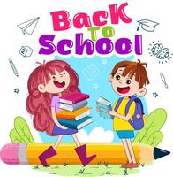 Smiling school kids carrying books with letters, numbers vector