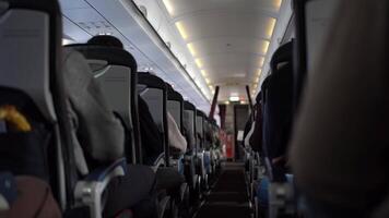 of flight in the plane. Unrecognisable passengers sitting in chairs on the plane. Footage can be used for your video