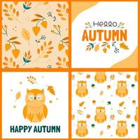 Autumn collection of cards and patterns with cute owl, leaves and acorns vector