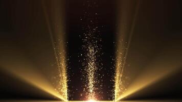 uma Holofote ilumina a fundo do a estágio. Holofote com vôo brilhante brilhar brilhante partículas. raios do dourado cor. esvaziar etapa com luz para produtos. desatado ciclo 4k video