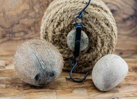 Copra dried pulp and ropes made from fibers of the coconut Cocos nucifera photo