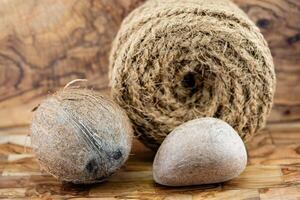 Copra dried pulp and ropes made from fibers of the coconut Cocos nucifera photo