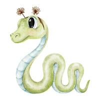 Funny green snake. Tropical jungle animal. Baby reptiles, python, cobra and viper reptile. Isolated hand drawn Watercolor illustration For kids design vector