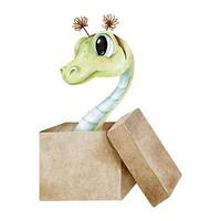 Funny green snake with rim got out of the box. Year of the snake. Sign Chinese New Year 2025. Isolated hand drawn Watercolor illustration. Symbol of the 2025 for Christmas cards, calendar vector
