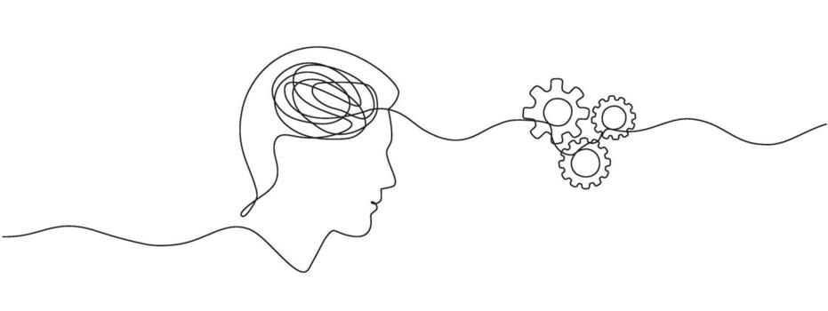 Continuous single line drawing of a human head and gears . Contour one line illustration of technology progress. editable illustration vector