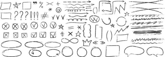 Set of different arrows speech bubbles, symbols, punctuation marks, asterisks, colons, underlines, crossings drawn in red chalk, charcoal or pencil. elements. vector