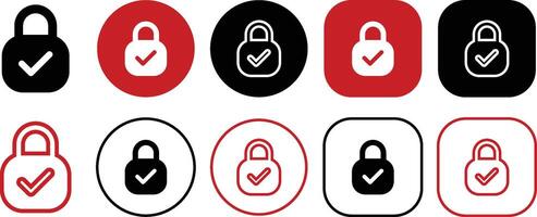Secure Lock Check Solid and Outline Icon Set vector