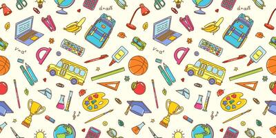 Seamless pattern of colorful school themed illustrations with educational supplies and tools vector