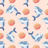Colourful seamless pattern with cute cartoon shark and coral on peach background. illustration vector