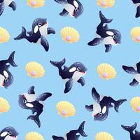 Playful orca whale and seashell seamless pattern on a vibrant blue background. illustration vector