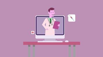 Online doctor is standing in front of a computer screen animation video