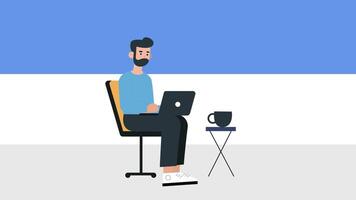 Man sitting on chair with laptop and coffee working at office animation video