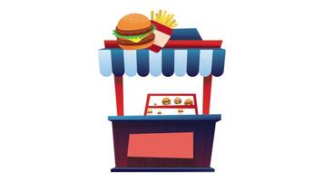 Fast food shop stand with hamburger and fries animation video