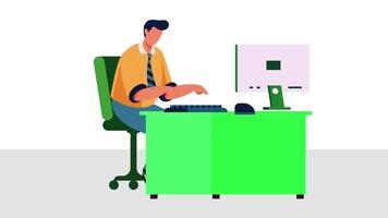 Man sitting at desk computer businessman working at offices animation video