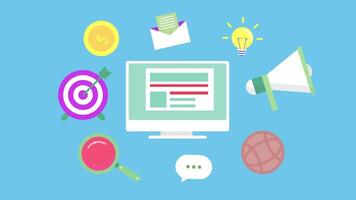 Computer screen surrounded by various marketing elements background animation video