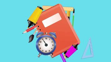 vermelho caderno, lápis, e a alarme relógio em uma azul fundo para costas para escola animação video