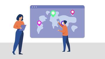 Two people are standing in front of a map with pins Professionals Analyzing International Map Animation video