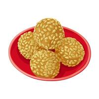 Illustration of mini Onde Onde, a bite-sized snack, made from glutinous rice flour with green bean and palm sugar filling, topped with sesame seeds. vector