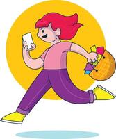 illustration of a girl running carrying a shopping cart and looking at her cellphone vector