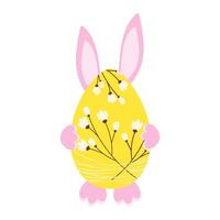 Easter egg with flower decor and soft pink bunny ears and paws behind. Greeting design element idea. Isolated on white illustration. Cards, posters, banner, label or web, promo design concept vector