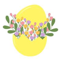 Cracked Eggshell with spring flowers and twigs inside in trendy soft shades Greeting cards template. Isolated on white illustration Copyspace. Posters, banners, price tag label or web concept vector