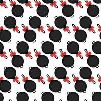 Fry pan with handle and red bow Seamless pattern in cartoon style. Top view. Isolated Background Texture. illustration. Wrapping, wallpaper or web, cards, posters, banner, price, label concept vector